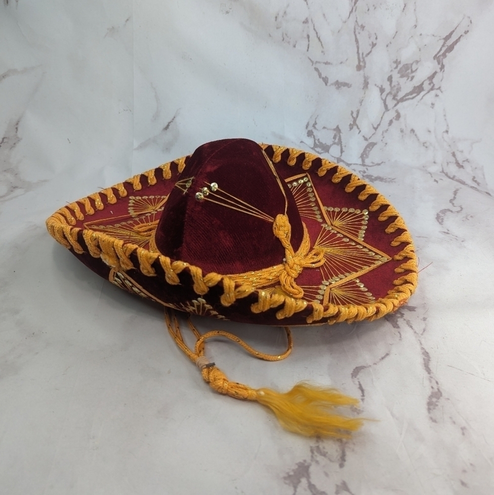 Vintage Pigalle Sombrero Mexican Hat Red Gold Sequin Velvet Yellow